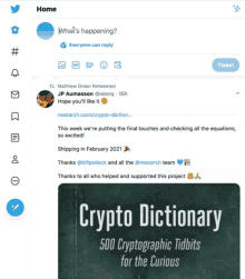 a screenshot of a twitter page with a picture of a book titled crypto dictionary 500 cryptographic tidbits for the curious