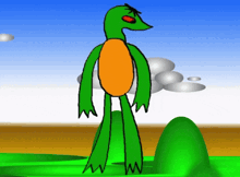 a green and orange cartoon character is standing in a grassy field