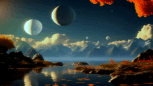 a painting of a lake with mountains in the background and a few planets in the sky