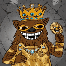 a cartoon of a bear wearing a crown and holding a coin