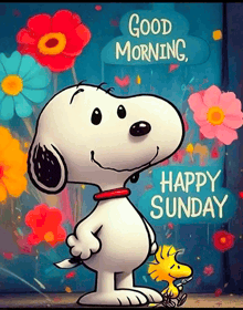 a picture of snoopy holding a knife with the words good morning happy sunday