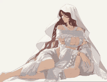 a drawing of a woman with long hair and a white dress