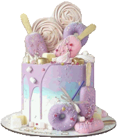 a cake with purple frosting and pink donuts and popsicles