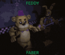 a cartoon of a teddy bear and a rabbit with the name feddy and faber on the bottom