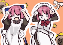 a drawing of a girl with pink hair wearing a white apron