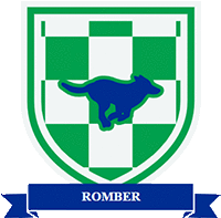 a green and white emblem with a blue horse and the word romber