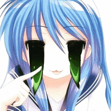 a girl with blue hair is pointing at her face with tears coming out of her eyes