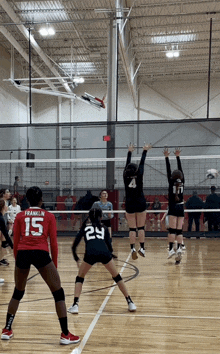 a volleyball player wearing a red jersey with the number 15