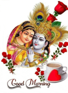 a good morning greeting card with a picture of krishna and radha .