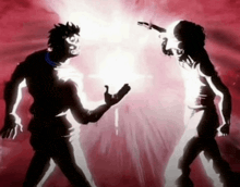 a man is pointing a gun at another man in a silhouette