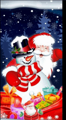 a cartoon illustration of santa claus and a snowman surrounded by gifts