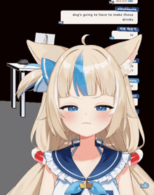 a girl with a cat ear and a sailor outfit says dog 's going to have to make those drinks