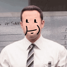 a man with a smiley face drawn on his face stands in front of a wall that says ' n of sale '