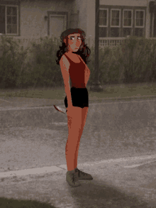 a girl in shorts and a red tank top is holding a knife in the rain