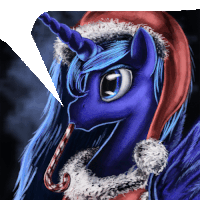 a blue unicorn wearing a santa hat holds a candy cane