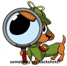 a cartoon dog is holding a magnifying glass in front of his eye .