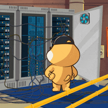 a cartoon bear is standing in front of a server with a fan on top of it