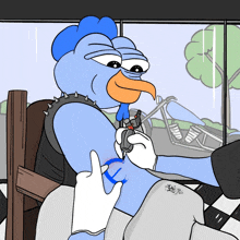 a cartoon of a blue chicken getting a tattoo on his arm