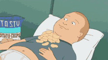 a cartoon of a man laying on a bed with a bag of tasty potato chips next to him