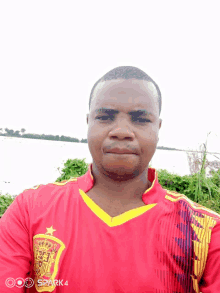 a man wearing a red shirt with the word spark on the bottom left