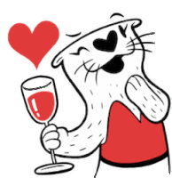 a cartoon otter is holding a glass of wine and a heart behind it .