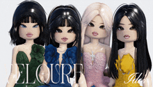 four dolls are standing next to each other and the word floure is on the bottom right