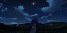 a girl with her arms outstretched stands in front of a starry sky