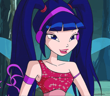 a cartoon girl with blue hair and a pink headband