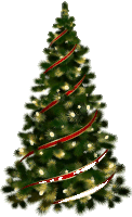 a christmas tree with a red ribbon and lights on it