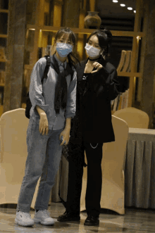 two women wearing face masks pose for a picture