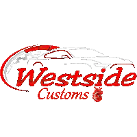 a logo for westside customs with a car in the middle