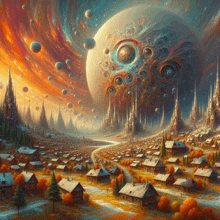 a painting of a city with a large sphere in the background