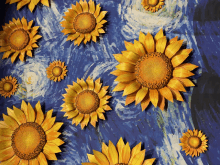 a painting of sunflowers against a blue background