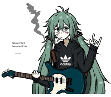 a drawing of a girl holding a guitar and wearing an adidas sweatshirt