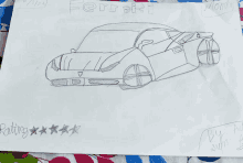 a child 's drawing of a ferrari with a rating of five stars