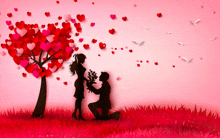 a silhouette of a man kneeling down giving flowers to a woman