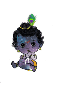 a baby krishna with a peacock feather in his hair