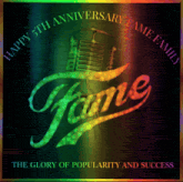 a happy 5th anniversary fame family poster with a microphone