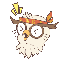 a cartoon drawing of an owl wearing glasses and a headband with the letter l on it