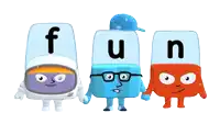 three cartoon characters with the letters f u and n on their faces