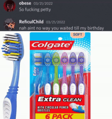 a package of colgate toothbrushes next to a toothbrush