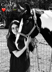 a black and white photo of a woman hugging a horse with the name caylee and ace written on the bottom