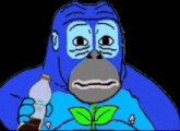 a blue gorilla is holding a bottle of soda and a plant