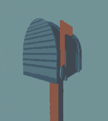 a blue mailbox with a red flag on the top