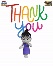 a cartoon character is standing in front of a sign that says thank you