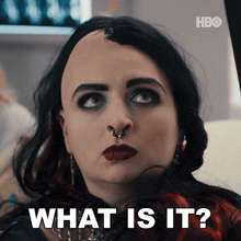 a close up of a woman 's face and the words what is it
