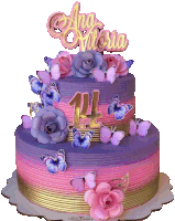 a pink and purple cake with flowers and butterflies and the name ana vitoria on top