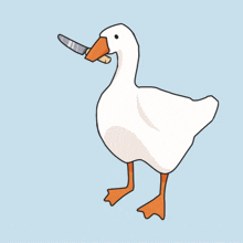 a duck with a knife in its beak on a blue background