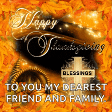 a thanksgiving card with a cornucopia and a cross on it