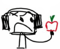 a black and white drawing of a person with headphones and a red apple .